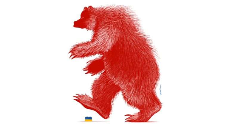 Rosyjski niedźwiedź nadeptujący na klocek LEGO. Polski ilustrator zbiera pieniądze dla Ukrainy